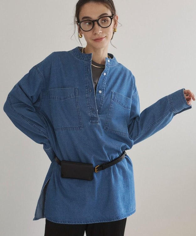WEGO 【ANGIE VINTAGE】襟が選べる デニム チュニック シャツ （バンドカラー/レギュラーカラー） ブルー