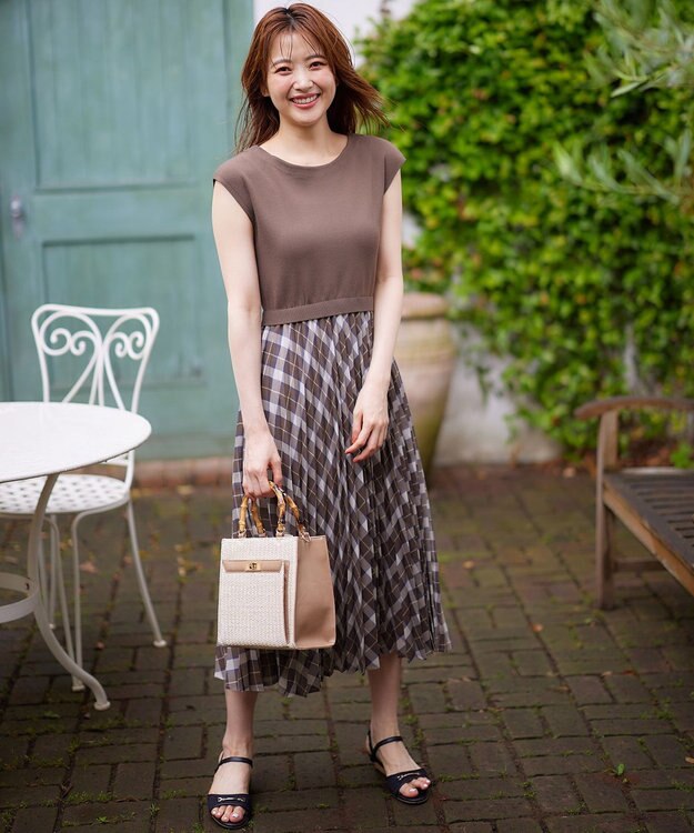 ANY SIS 【洗える】オンブレーチェックコンビ ワンピース モカ系