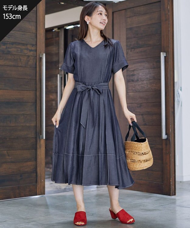 Tiaclasse デニムフレアワンピース ネイビー