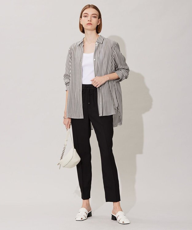 ICB L 【洗える】 キュプラローンストライプ シャツ ブラックストライプ系