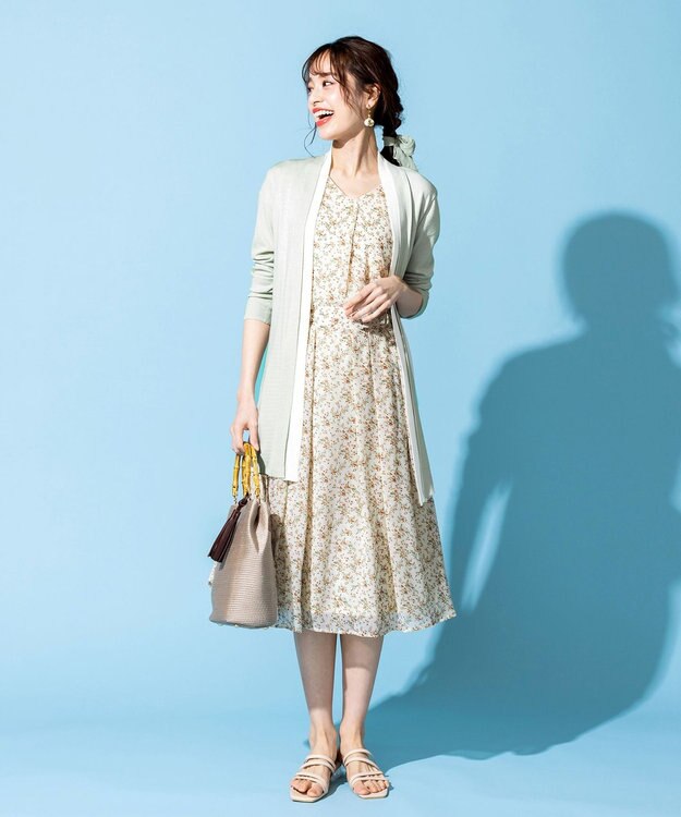 Tiaclasse L 【洗える】程良い透け感のシフォン花柄フレンチワンピース オフフラワー