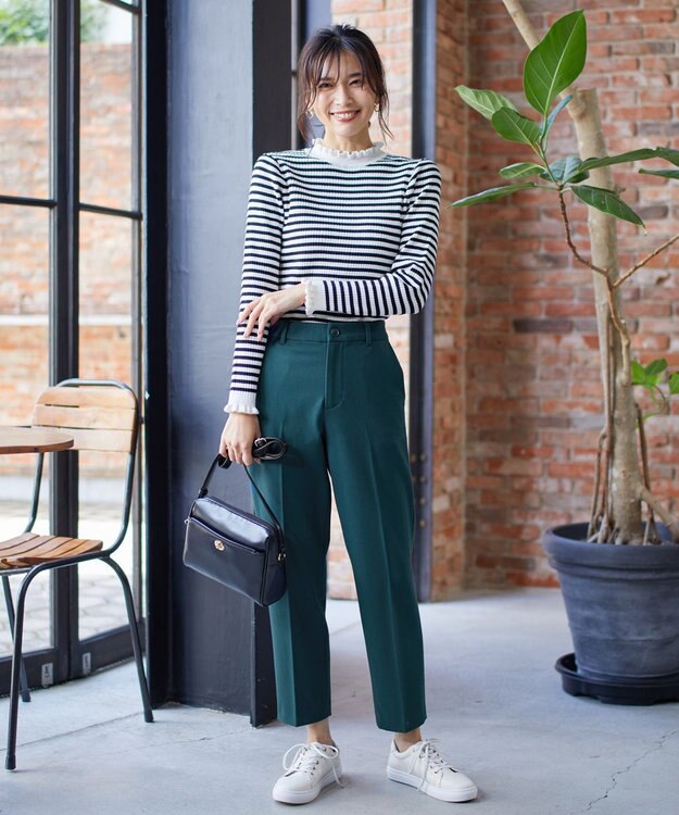 ANY L 【ウエストゴム/ストレッチ/裏起毛】シークレットウォーム　テーパードパンツ ピーコックグリーン