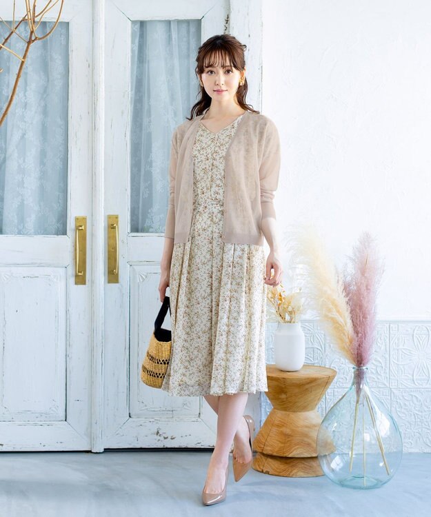 Tiaclasse L 【洗える】程良い透け感のシフォン花柄フレンチワンピース オフフラワー