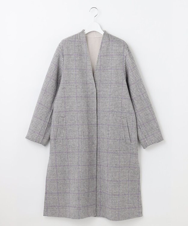 自由区 【リバーシブル】ウールリバー ノーカラーロングコート ライトグレー系