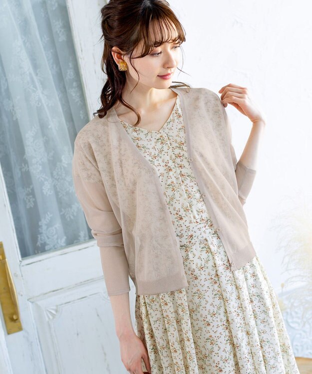 Tiaclasse L 【洗える】程良い透け感のシフォン花柄フレンチワンピース オフフラワー