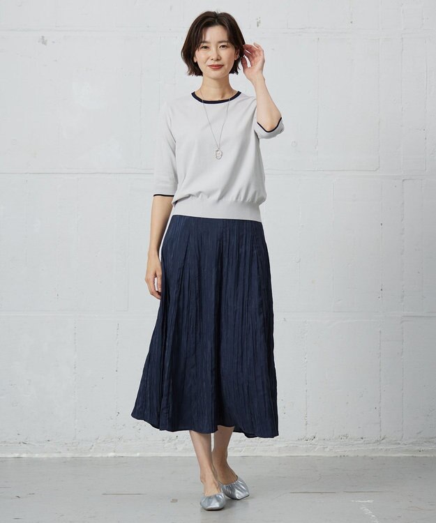 J.PRESS LADIES 【洗える】リンクルリッド フレアー スカート ネイビー系