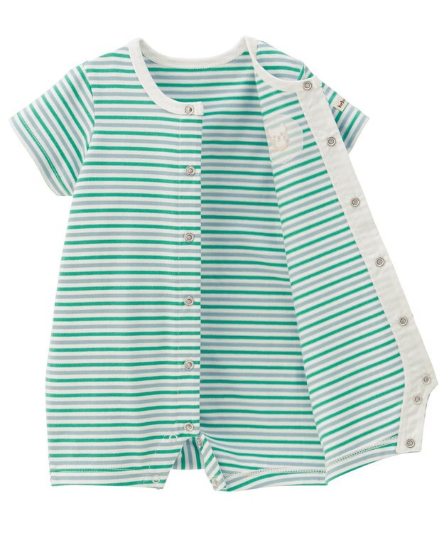 MIKI HOUSE HOT BISCUITS 【70-80cm】 みじんボーダー ワンポイント刺繍 ショートオール グリーン