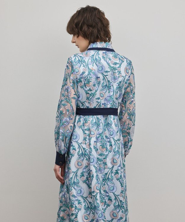 GRACE CONTINENTAL マルチフラワー刺繍フレアワンピース ブルー