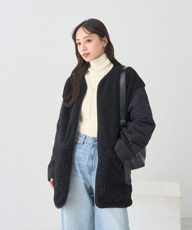 earth music&ecology ボアキルトミドルコート Black