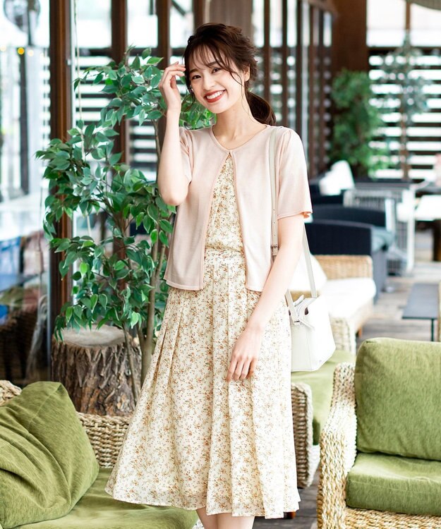 Tiaclasse L 【洗える】程良い透け感のシフォン花柄フレンチワンピース オフフラワー