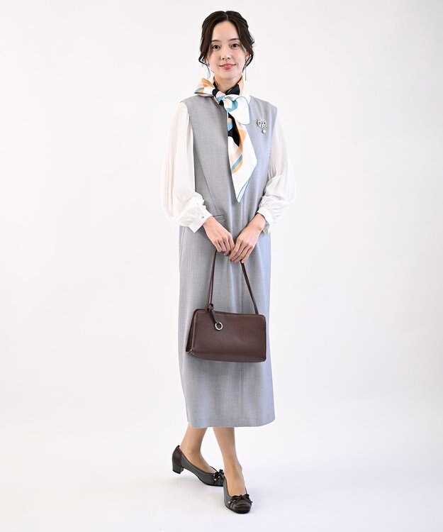 Pointer 日本製 本革リボン付きパンプス グレー×ブラウン