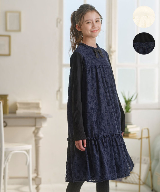 組曲 KIDS 【150-160㎝】スノウレースワンピース ネイビー