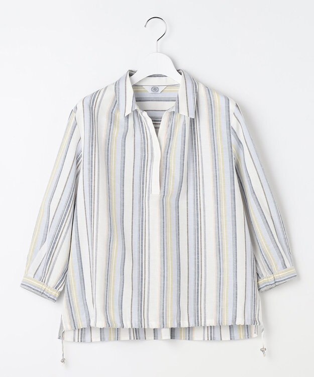 J.PRESS LADIES リネンMIX ストライプ スッキパー ブラウス ブルーマルチ系