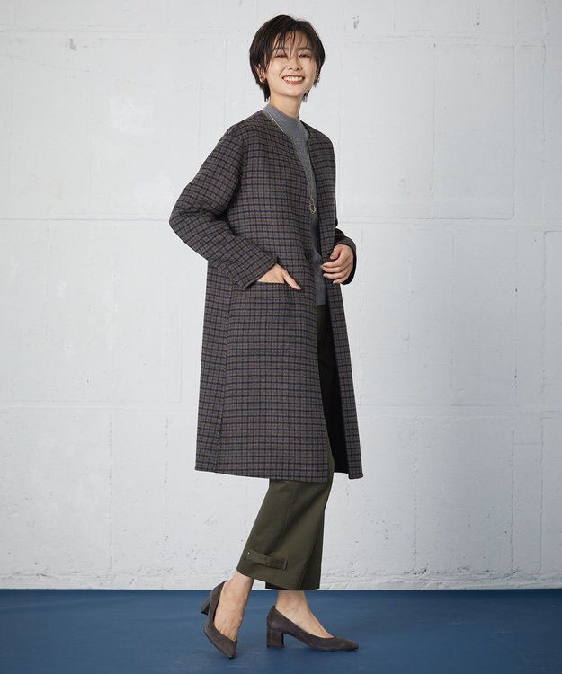 J.PRESS LADIES S 【リバーシブル】ウールナイロン リバーチェック ノーカラー ロングコート ネイビー系