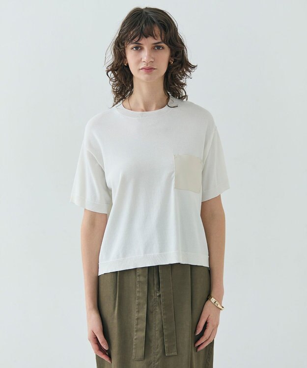 BEIGE， 【洗える】NADIA / レザーポケット付き半袖ニットTシャツ Ecru