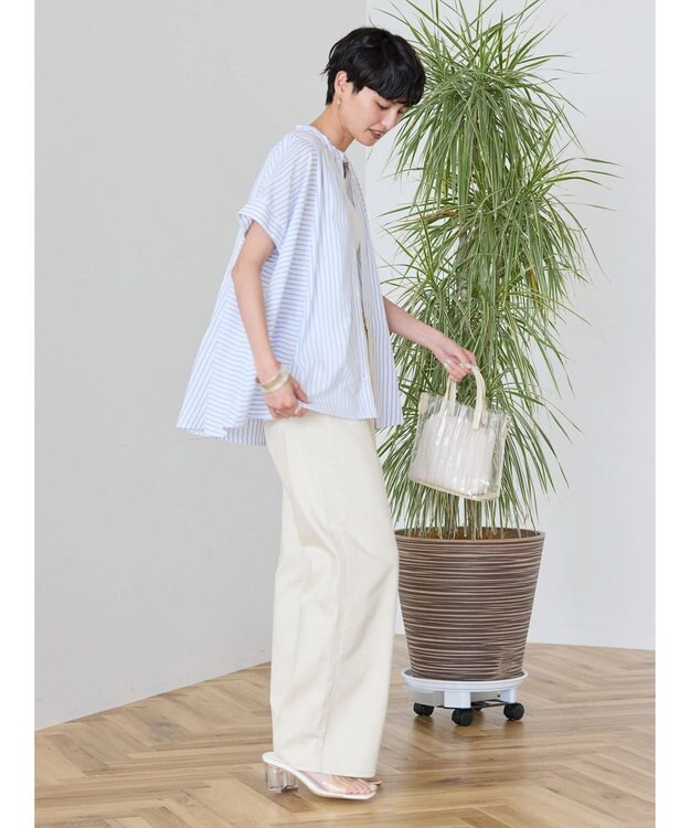 AMERICAN HOLIC 接触冷感フレンチスリーブ切り替えフレアブラウス Stripe Ivory