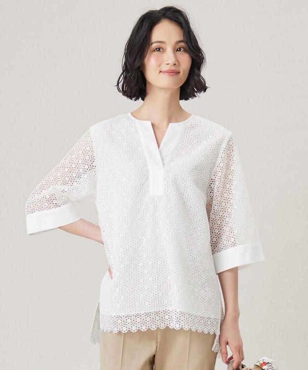 自由区 【洗える】ジオメトリックフラワーレースプルオーバー ブラウス オフ