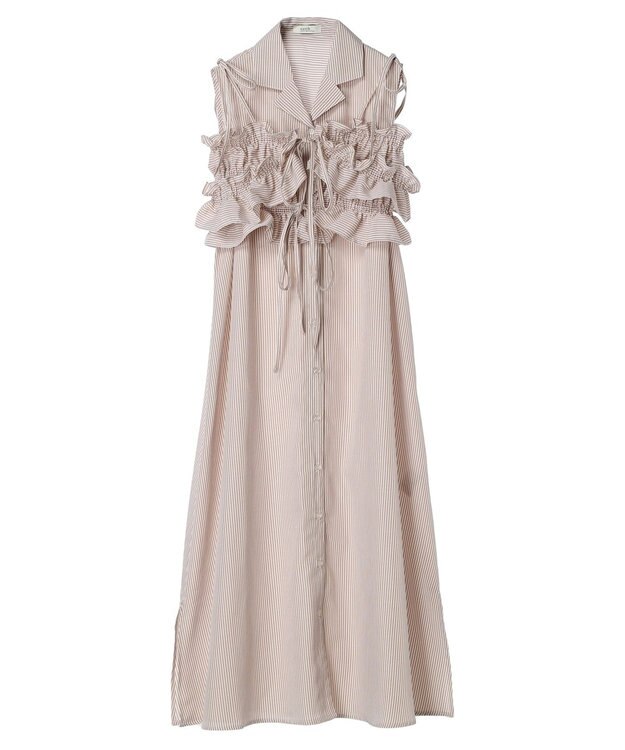 earth music&ecology ＳＥＴ２点シャーリングビスチェ×シャツワンピース Stripe Beige