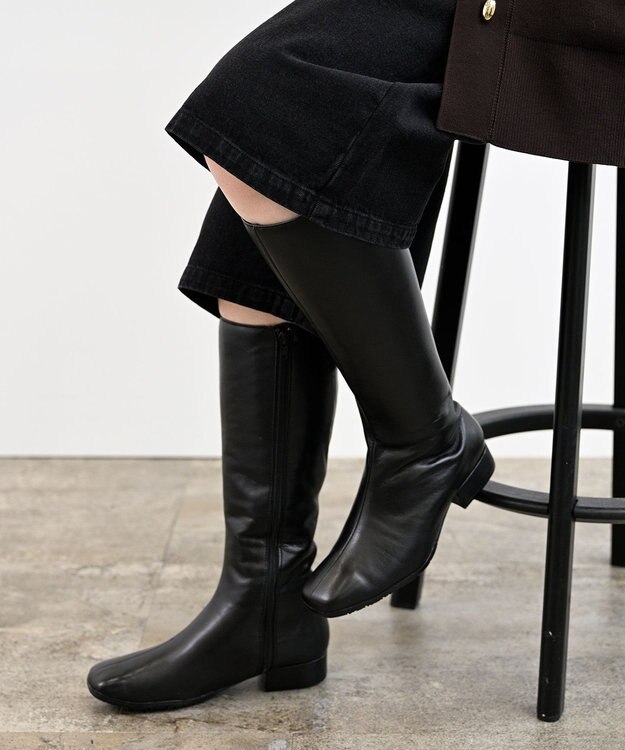 Pointer 本革ローヒール スクエアトゥロングブーツ ブラック