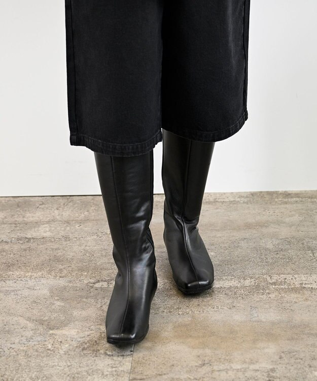 Pointer 本革ローヒール スクエアトゥロングブーツ ブラック