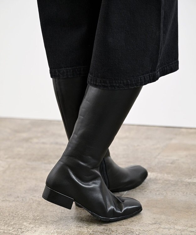 Pointer 本革ローヒール スクエアトゥロングブーツ ブラック