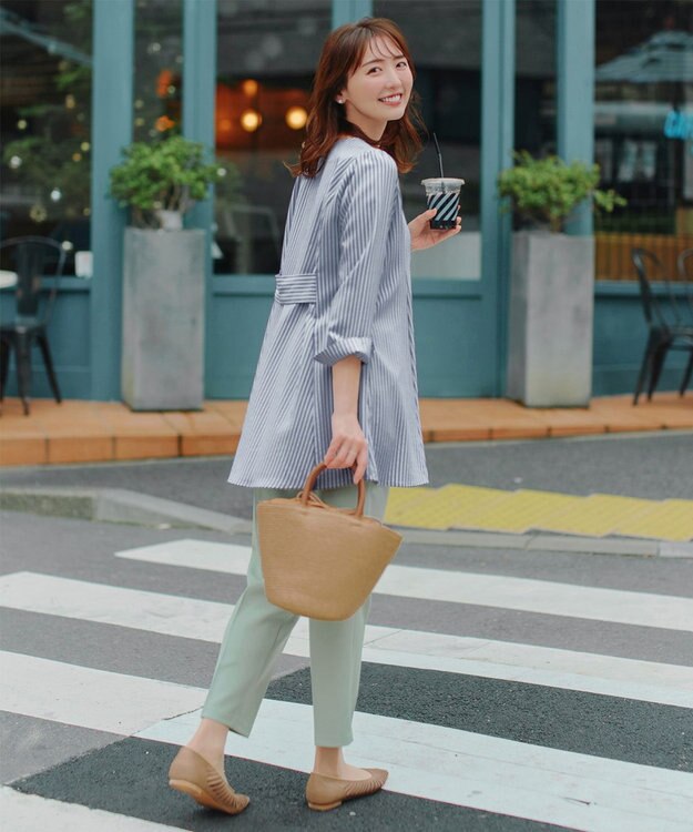 Tiaclasse L 【おのののかさん着用】半袖＆七分袖選べる袖丈バックフレアチュニック 七分袖ネイビーストライプ