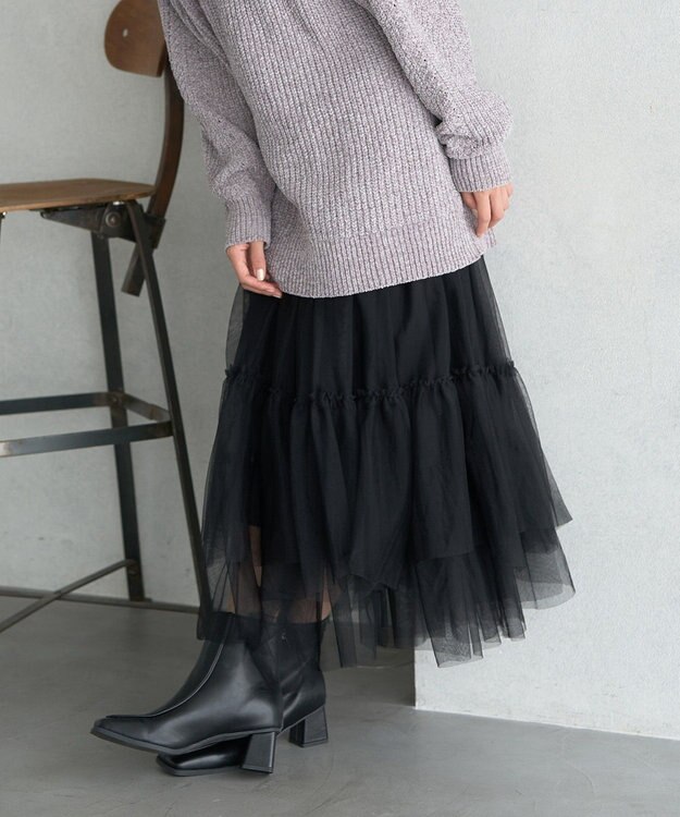 earth music&ecology イレギュラーヘム段々チュールスカート Black