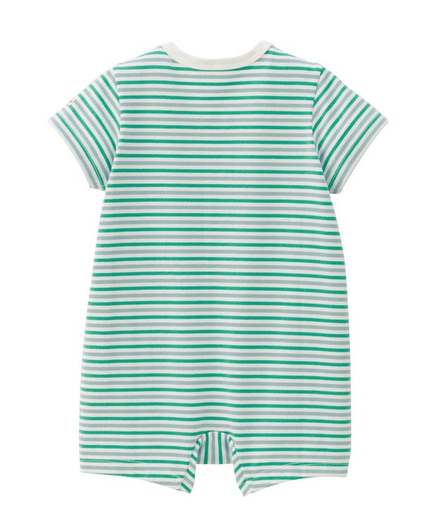 MIKI HOUSE HOT BISCUITS 【70-80cm】 みじんボーダー ワンポイント刺繍 ショートオール グリーン