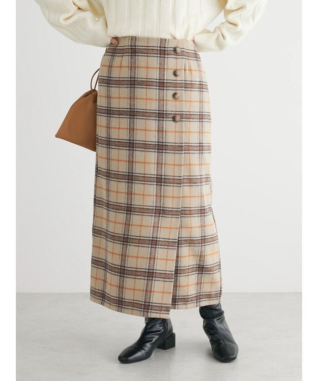 Green Parks シャギーチェックスカート Beige