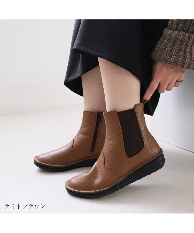 Pointer 本革軽量サイドゴアステッチショートブーツ ライトブラウン