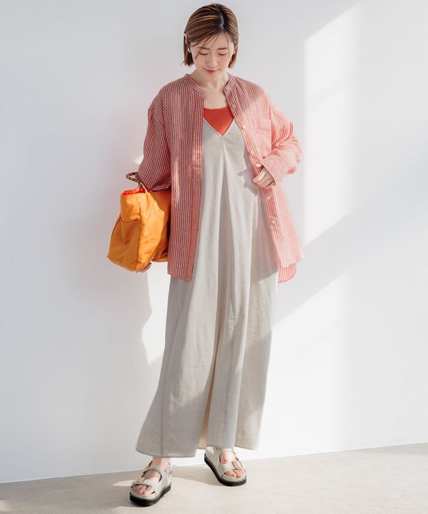 23区 L 【洗える】LIBECO バンドカラー シャツ オレンジストライプ