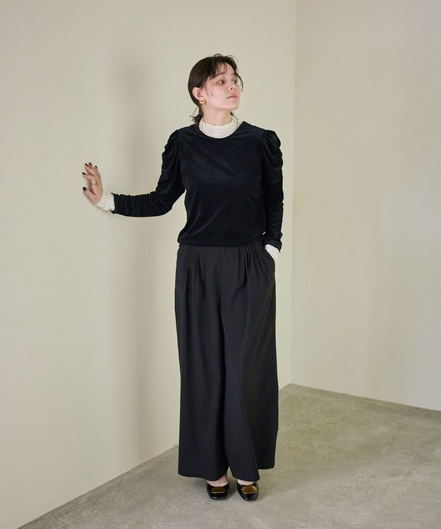 #Newans 【洗濯機可／ 前後着用可】 ギャザースリーブシアーベロアカーディガン ブラック