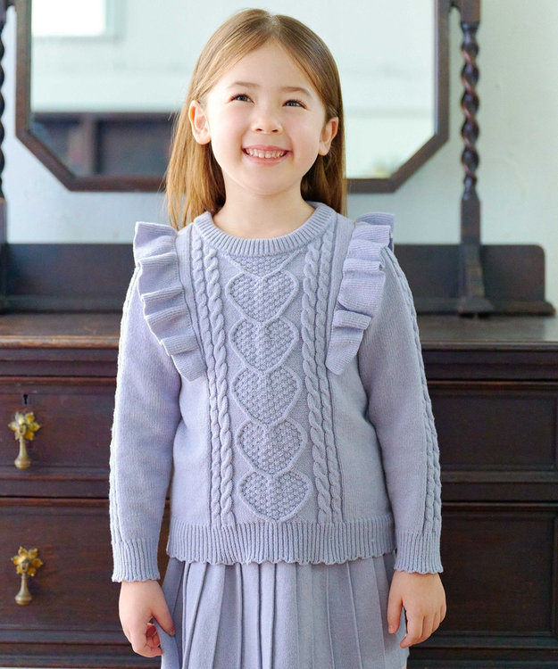 ANY KIDS 肩フリルハートケーブルニット サックスブルー