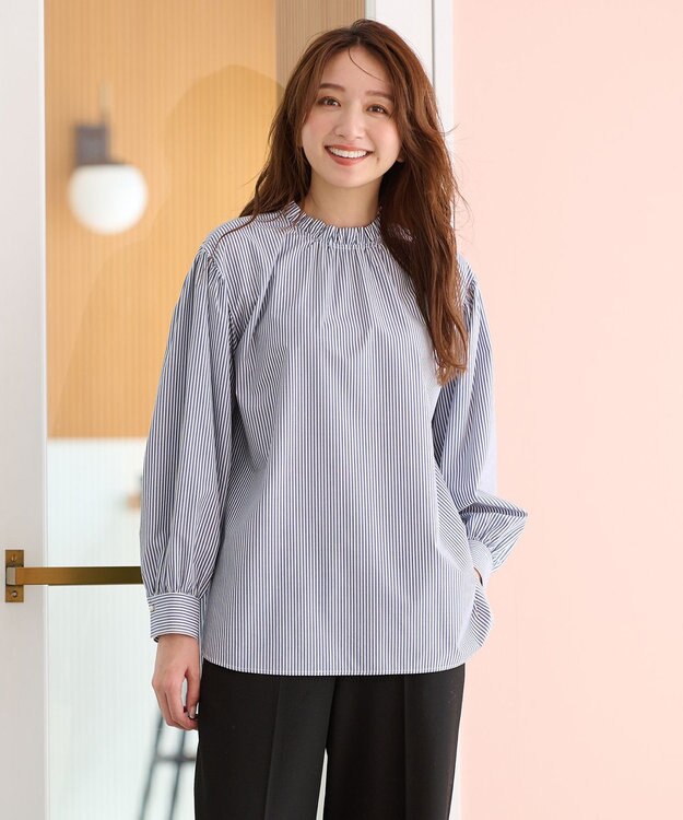ANY 【UVカット/抗菌防臭/速乾】エニィファンクション　フリルモックブラウス ブルーストライプ