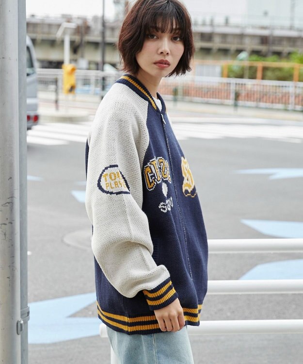 WEGO 【ユニセックス着用ITEM/MLサイズ展開】ジャガードニットスタジャン ネイビー