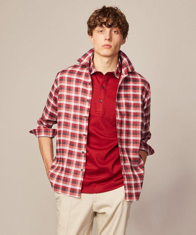 JOSEPH ABBOUD 【麻100％】リネンチェック シャツ レッド系3