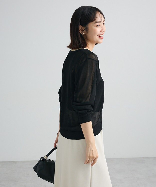 Green Parks 配色ラインシアーコンパクトカーデ Black