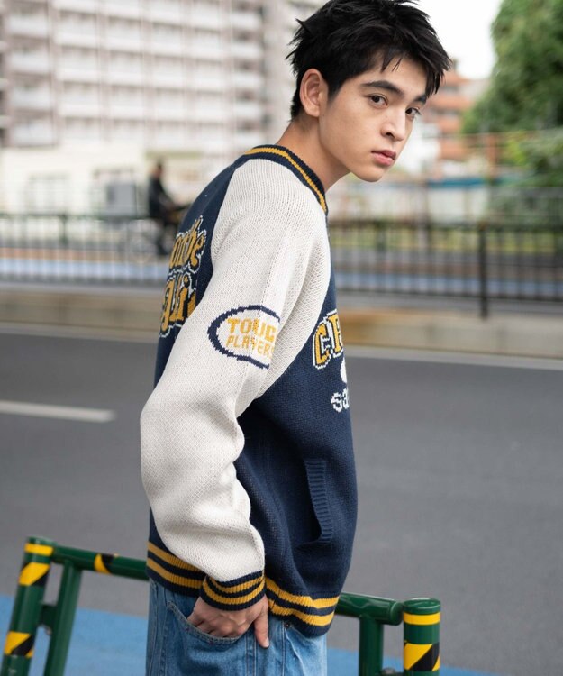 WEGO 【ユニセックス着用ITEM/MLサイズ展開】ジャガードニットスタジャン ネイビー