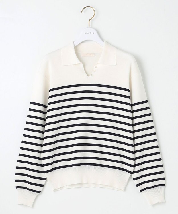 ANY SIS 【洗える】スキッパーポロ襟プルオーバー ニット オフ×ネイビー