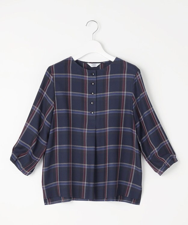 J.PRESS LADIES 【洗える】ハイツイストチェック ボートネック ブラウス ネイビー系3