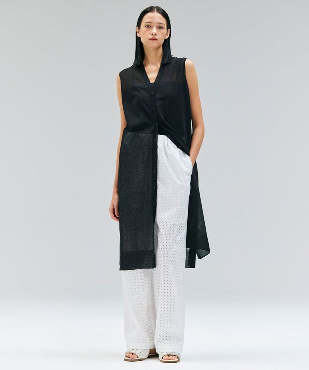 BEIGE， 【洗える】MILANO / リネン混シアーロングジレカーディガン Black