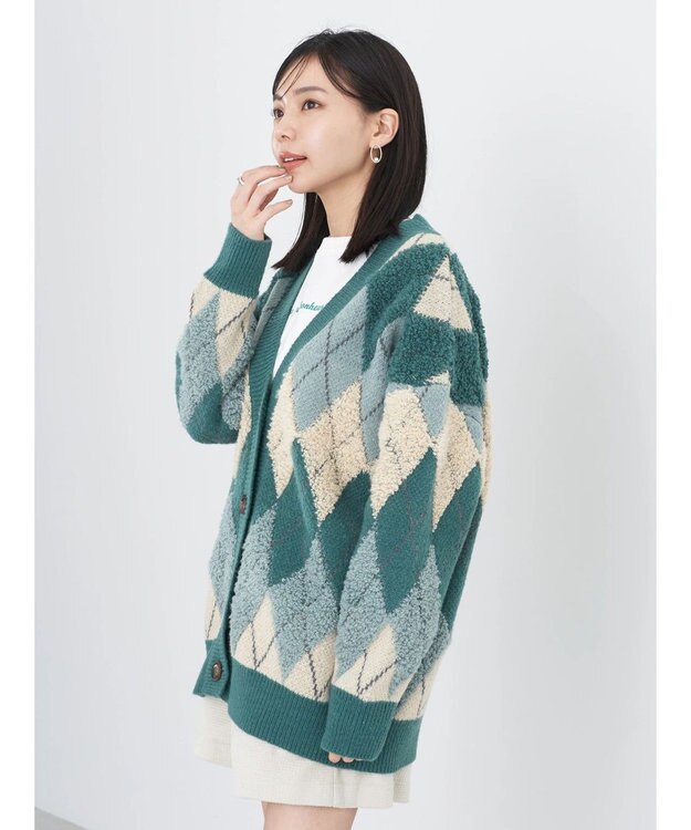 earth music&ecology ループ編みアーガイルカーディガン Green