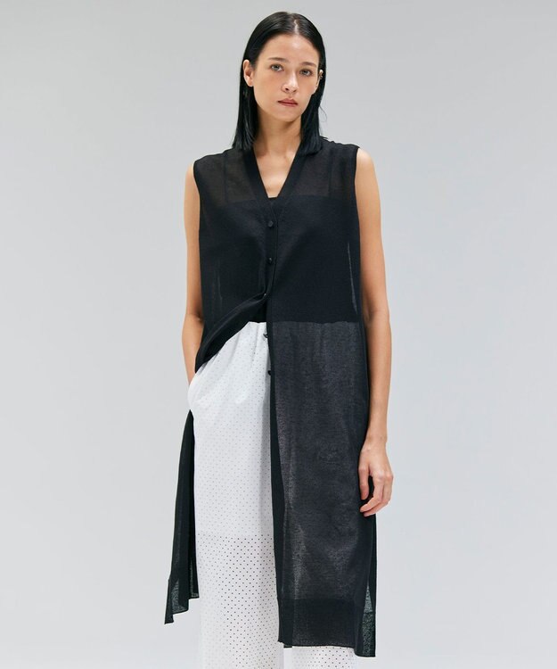  【洗える】MILANO / リネン混シアーロングジレカーディガン