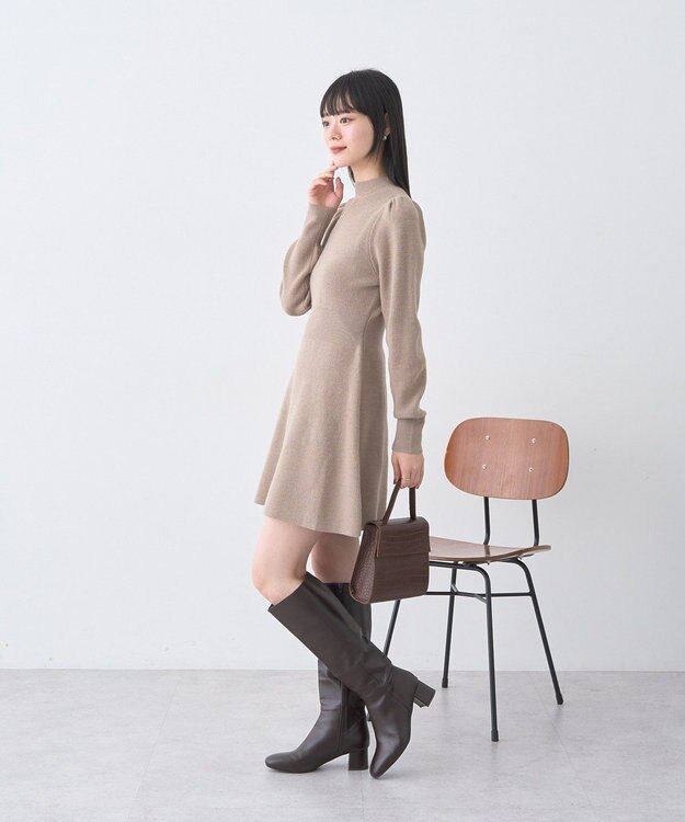 earth music&ecology ウエストリブフレアニットミニワンピース Mocha