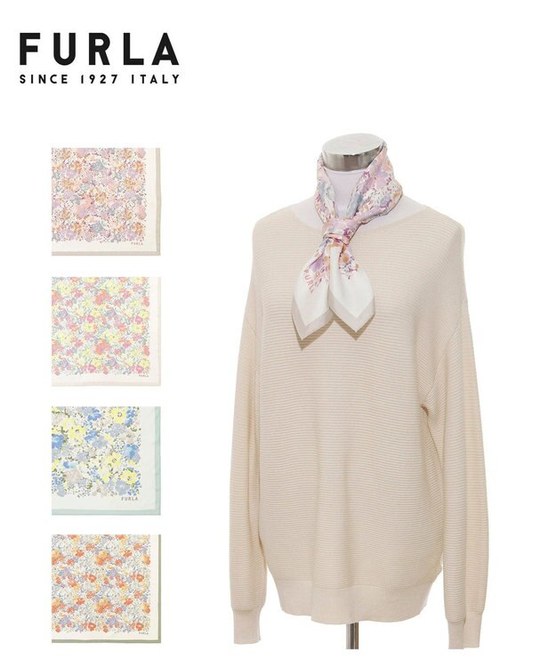 MOONBAT 【シルク100%】フルラ (FURLA) 花柄 シルクプリントスカーフ 65cm×65cm ベージュ
