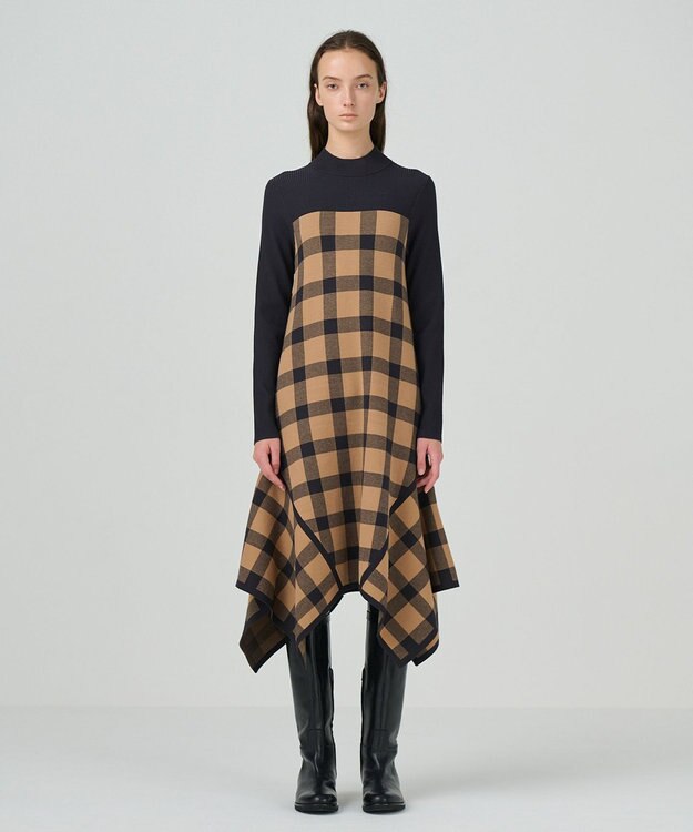 GRACE CONTINENTAL チェックイレヘムニットワンピース キャメル