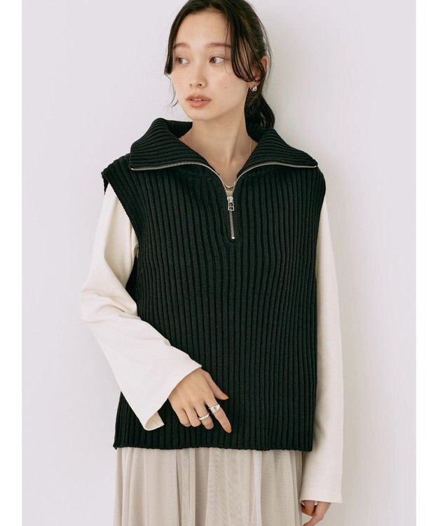 earth music&ecology ハーフジップニットベスト Black