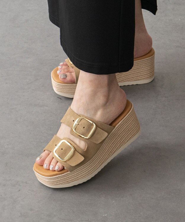 INTER-CHAUSSURES 【Oh my Sandals】ダブルバックル厚底ウエッジサンダル ベージュスウェード