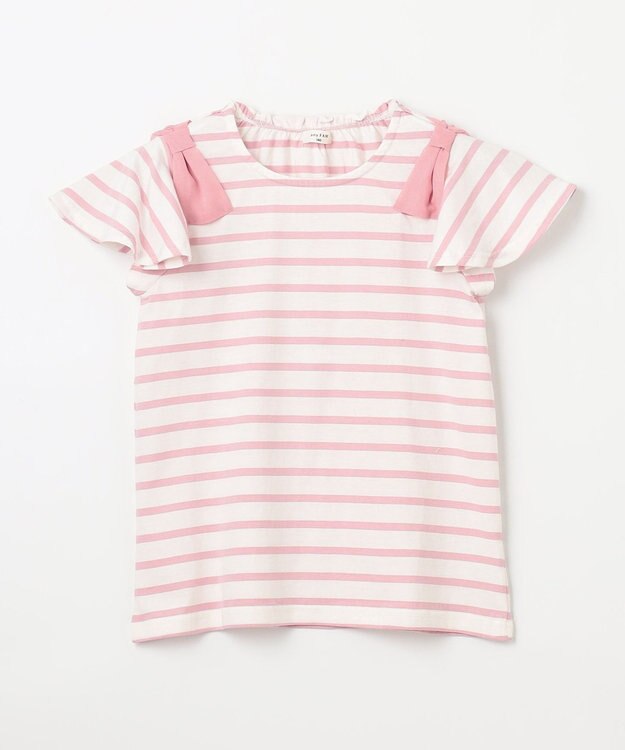 ANY KIDS ひんやりクール 肩リボンTシャツ ピンク×ボーダー