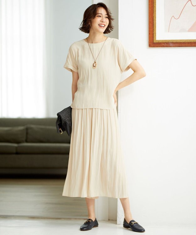 自由区 【セットアップ可/洗える】ブライトサテンライト ギャザーパンツ ベージュ系